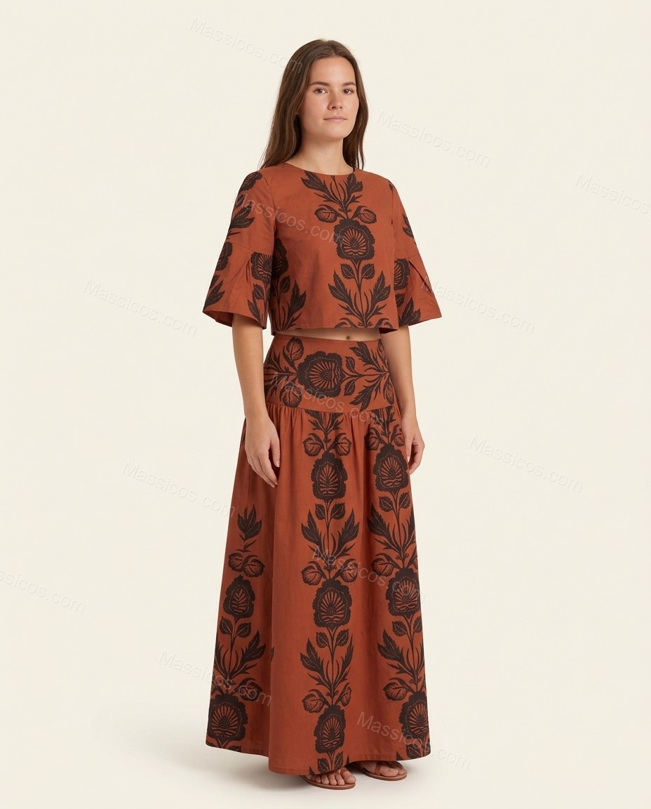 Rust Floral Maxi Tiered Skirt Set, front studio view, by Massicos