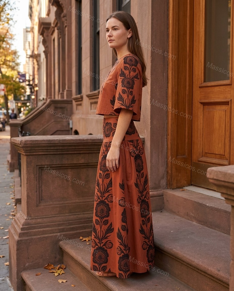 Rust Floral Maxi Tiered Skirt Set, three-quarter brand lifestyle view, by Massicos