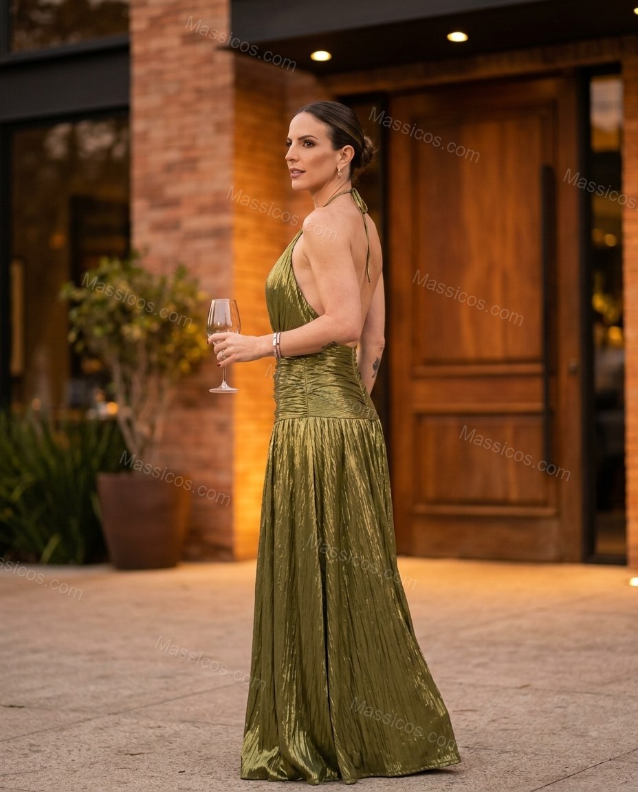 Olive Green Maxi Open-Back Halter Dress, walking lifestyle view, by Massicos