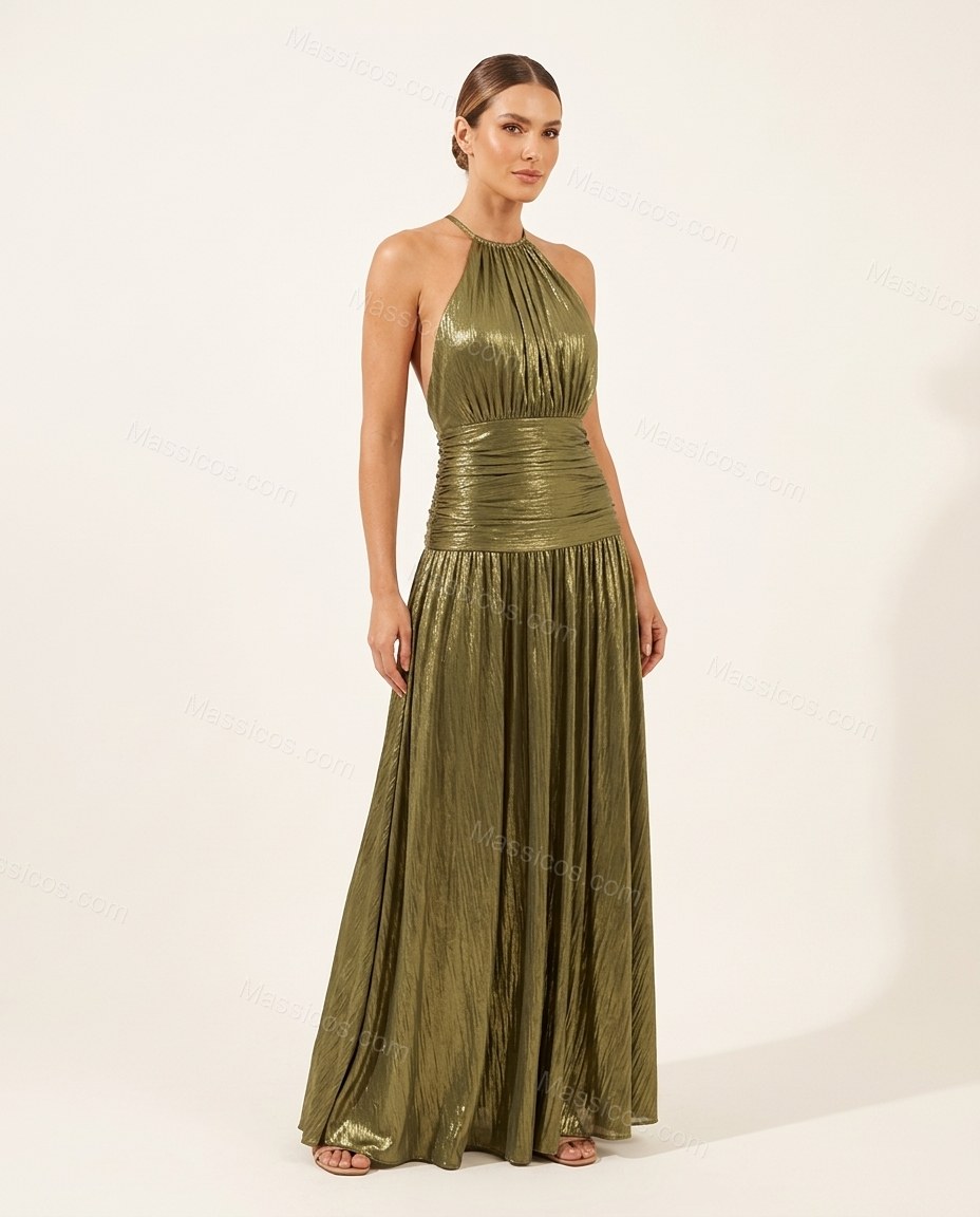 Olive Green Maxi Open-Back Halter Dress, front studio view, by Massicos