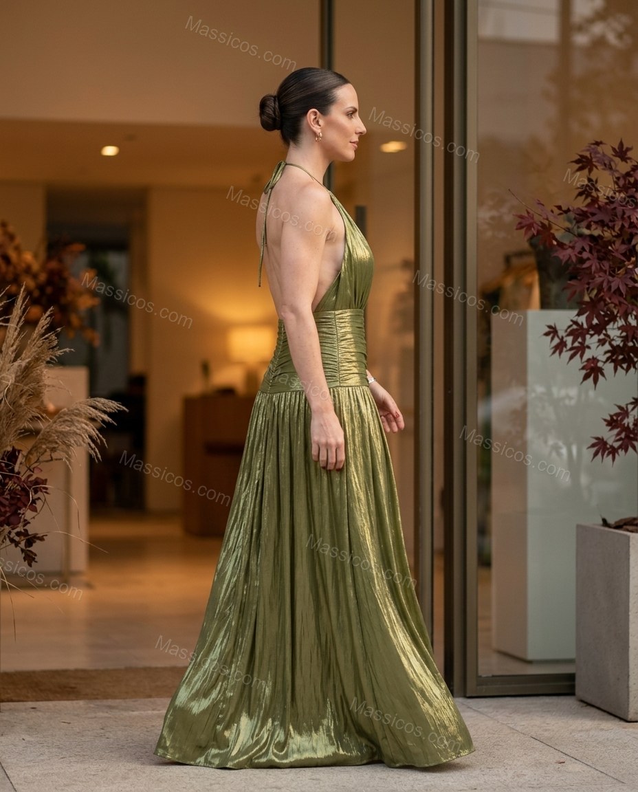 Olive Green Maxi Open-Back Halter Dress, three-quarter brand lifestyle view, by Massicos