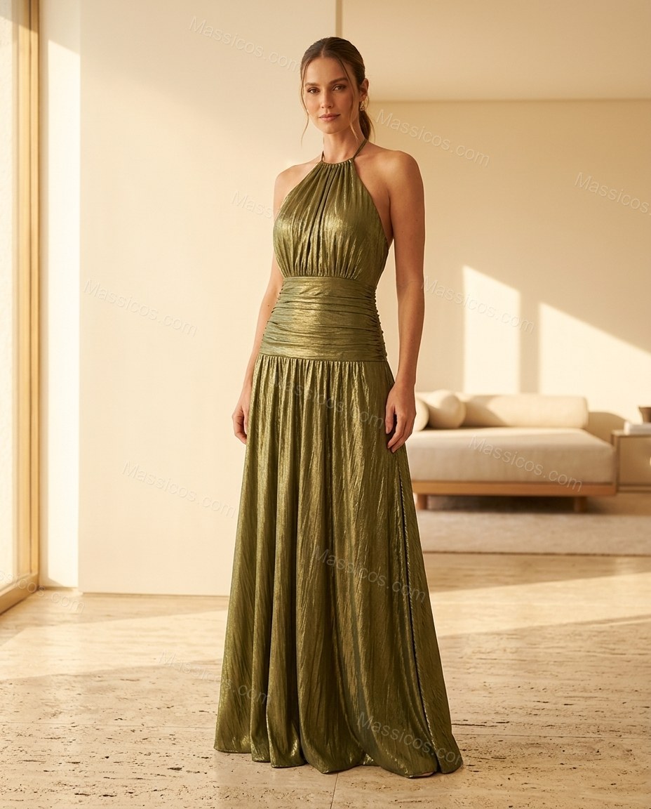 Olive Green Maxi Open-Back Halter Dress, full-length hero view, by Massicos