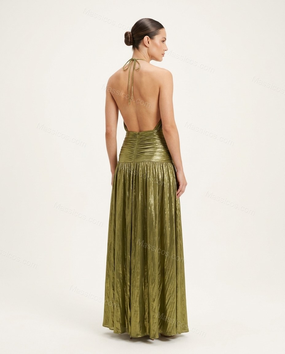 Olive Green Maxi Open-Back Halter Dress, back studio view, by Massicos