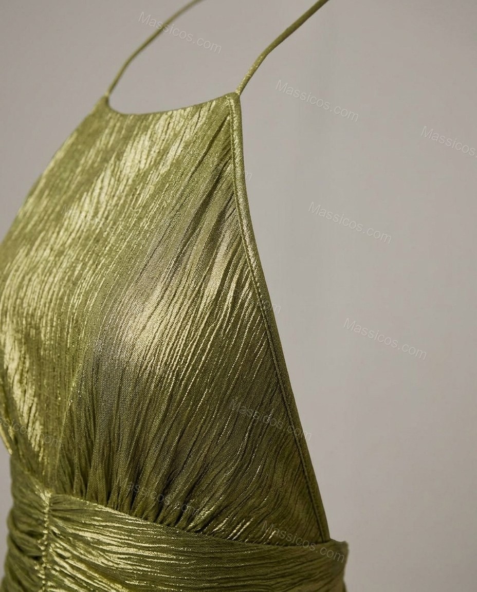 Olive Green Maxi Open-Back Halter Dress, close-up of open back, tie closure and halter neckline, by Massicos