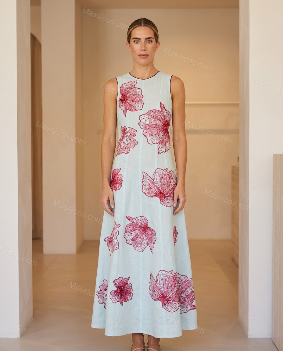 Light Blue Floral Maxi Dress, full-length hero view, by Massicos