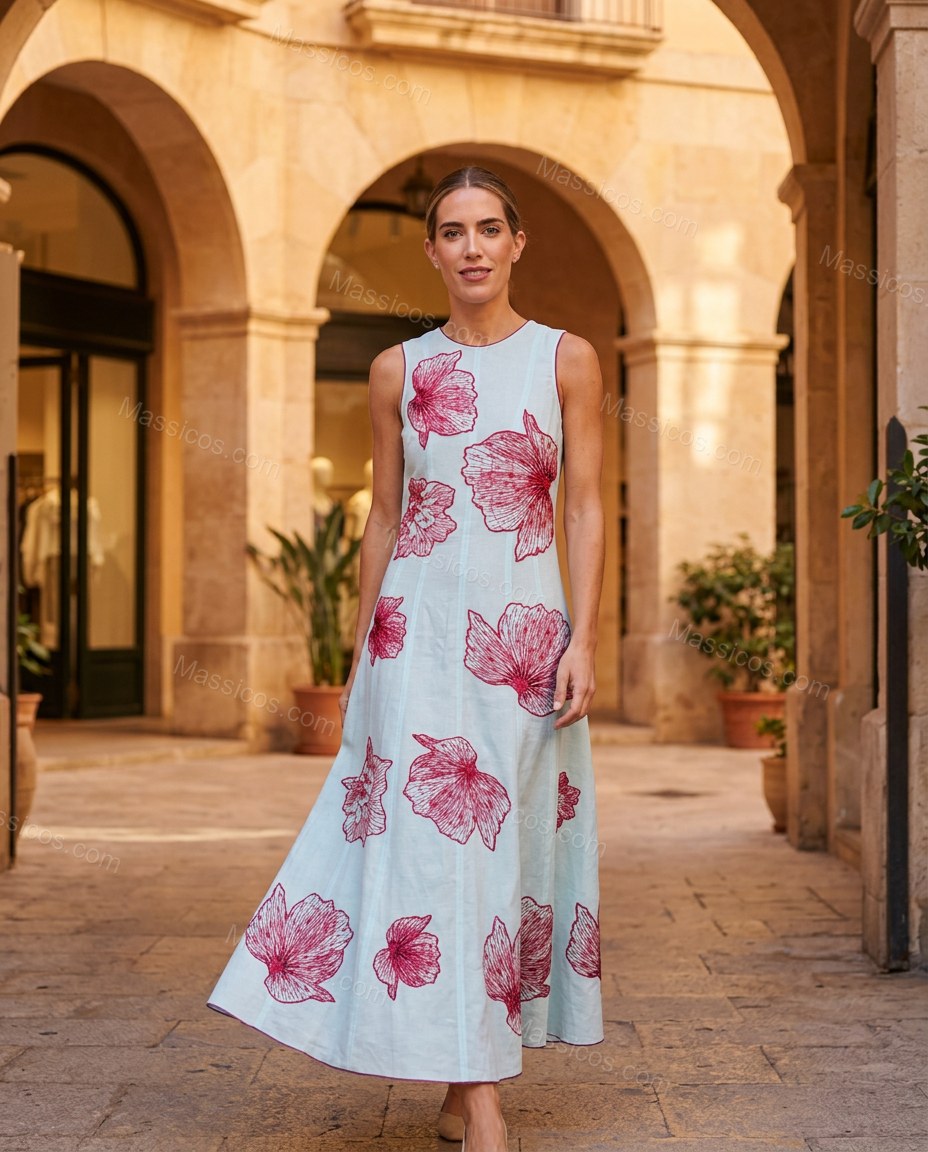 Light Blue Floral Maxi Dress, three-quarter brand lifestyle view, by Massicos