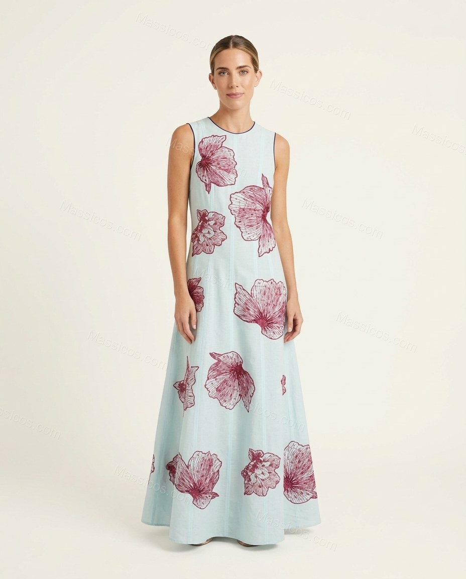 Light Blue Floral Maxi Dress, front studio view, by Massicos