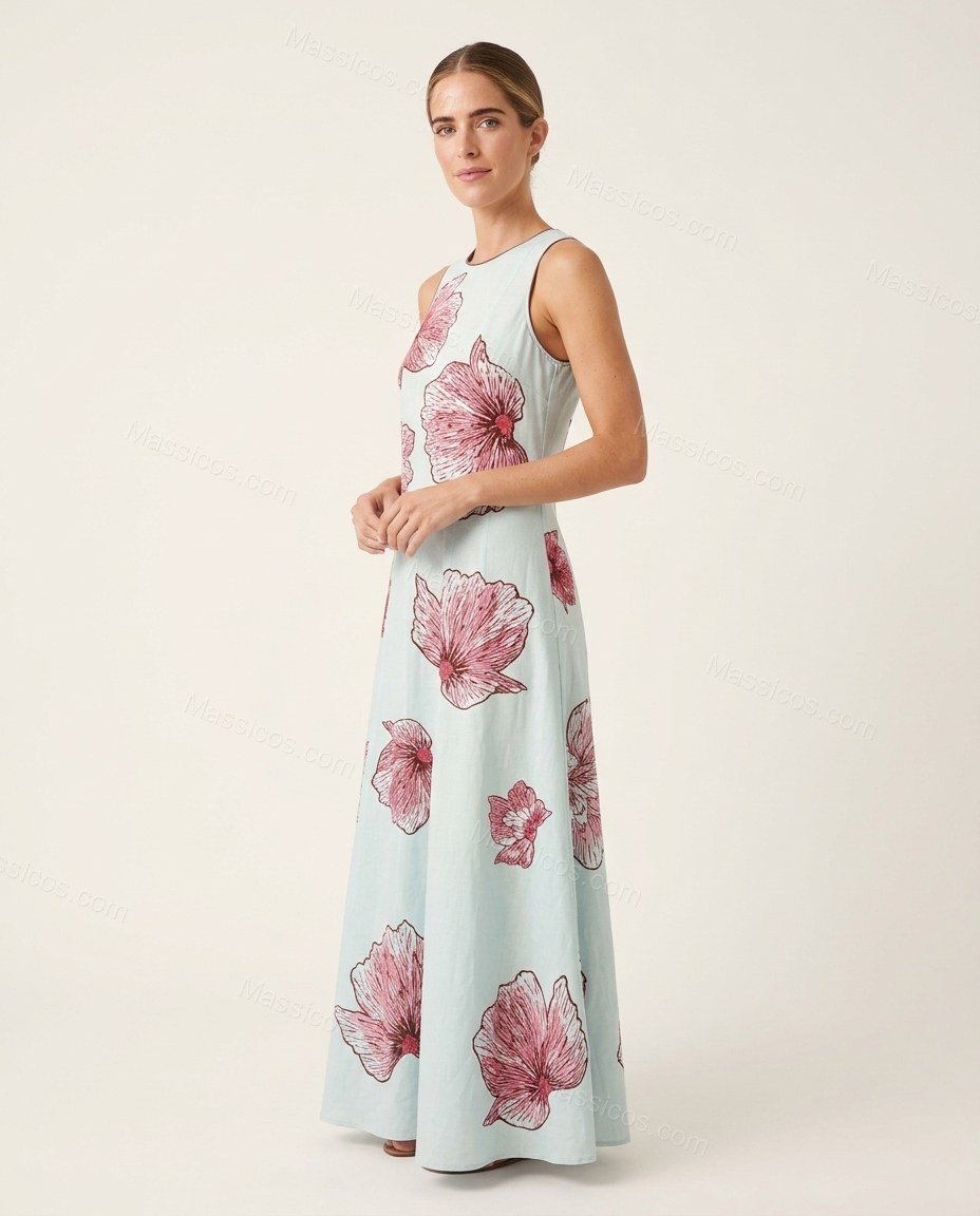 Light Blue Floral Maxi Dress, side and back studio view, by Massicos