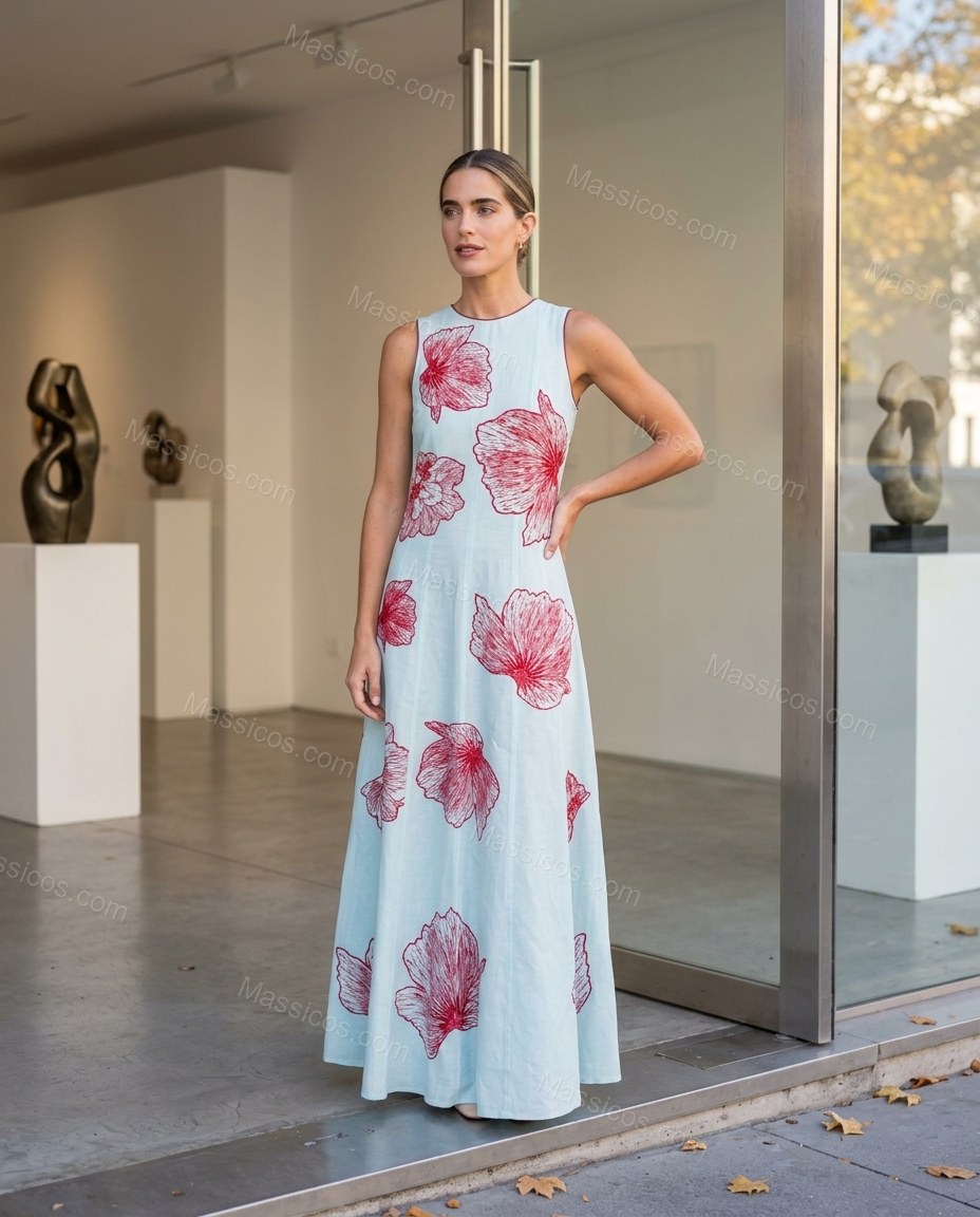Light Blue Floral Maxi Dress, alternate use-case lifestyle view, by Massicos