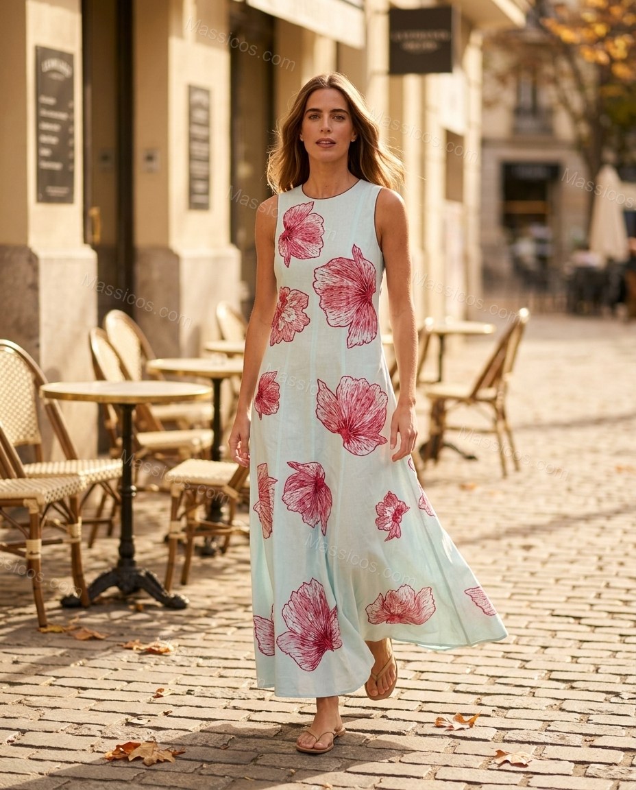 Light Blue Floral Maxi Dress, walking lifestyle view, by Massicos