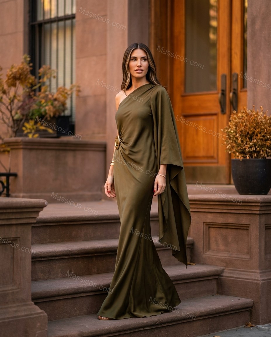 Olive Green Maxi One-Shoulder Satin Dress, alternate use-case lifestyle view, by Massicos