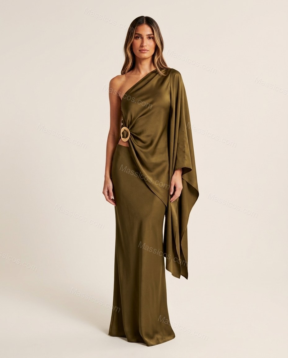 Olive Green Maxi One-Shoulder Satin Dress, front studio view, by Massicos