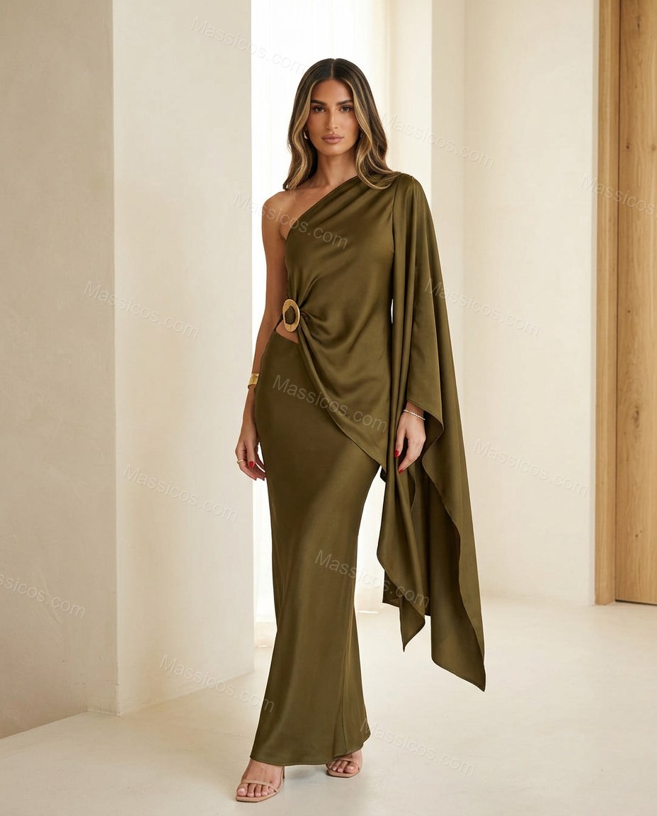 Olive Green Maxi One-Shoulder Satin Dress, full-length hero view, by Massicos