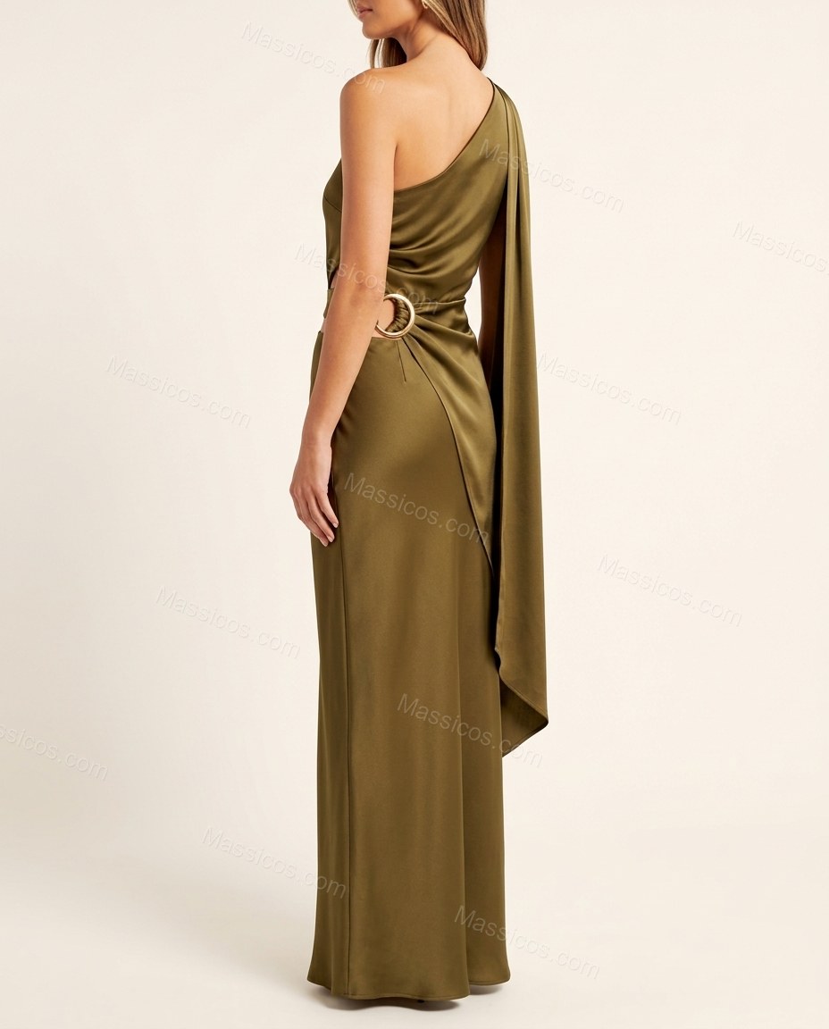 Olive Green Maxi One-Shoulder Satin Dress, back studio view, by Massicos