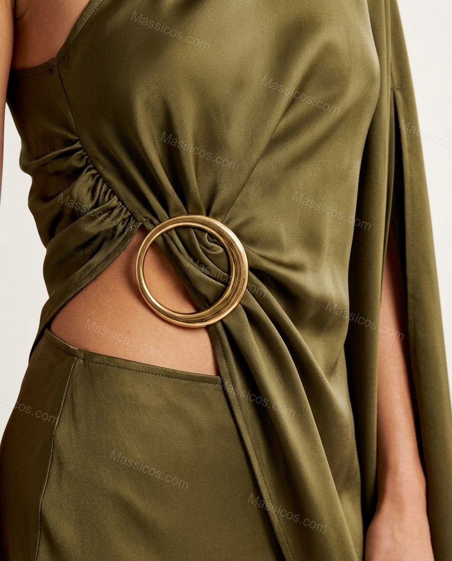 Olive Green Maxi One-Shoulder Satin Dress, close-up of draping, o-ring detail and side slit on sleeve, by Massicos