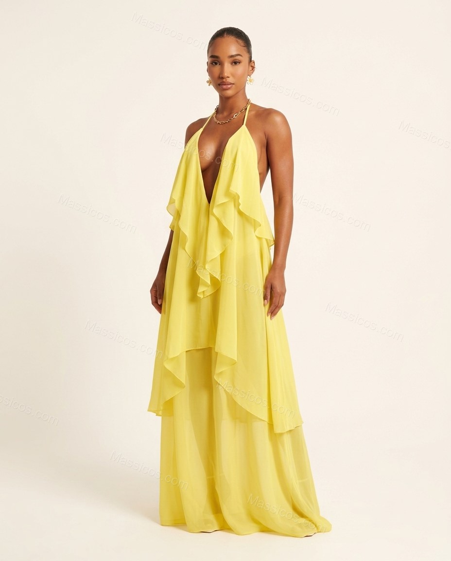 Yellow Maxi Open-Back Halter Dress, front studio view, by Massicos