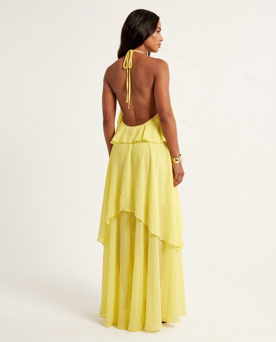 Yellow Maxi Open-Back Halter Dress, back studio view, by Massicos