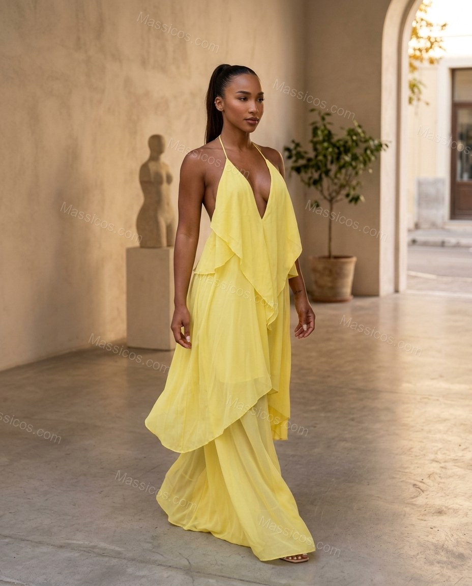 Yellow Maxi Open-Back Halter Dress, three-quarter brand lifestyle view, by Massicos