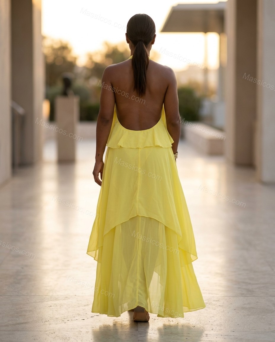 Yellow Maxi Open-Back Halter Dress, alternate use-case lifestyle view, by Massicos