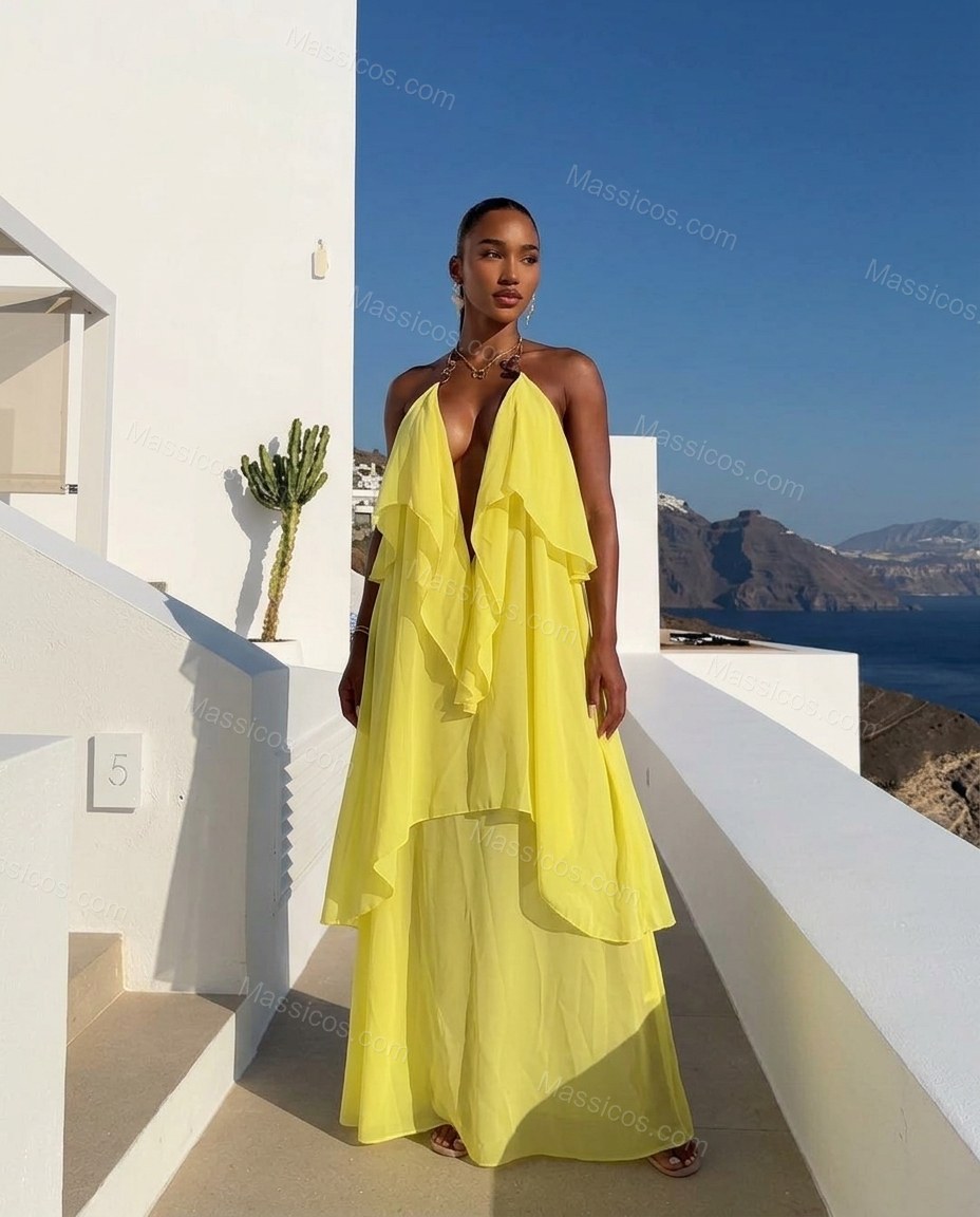 Yellow Maxi Open-Back Halter Dress, full-length hero view, by Massicos