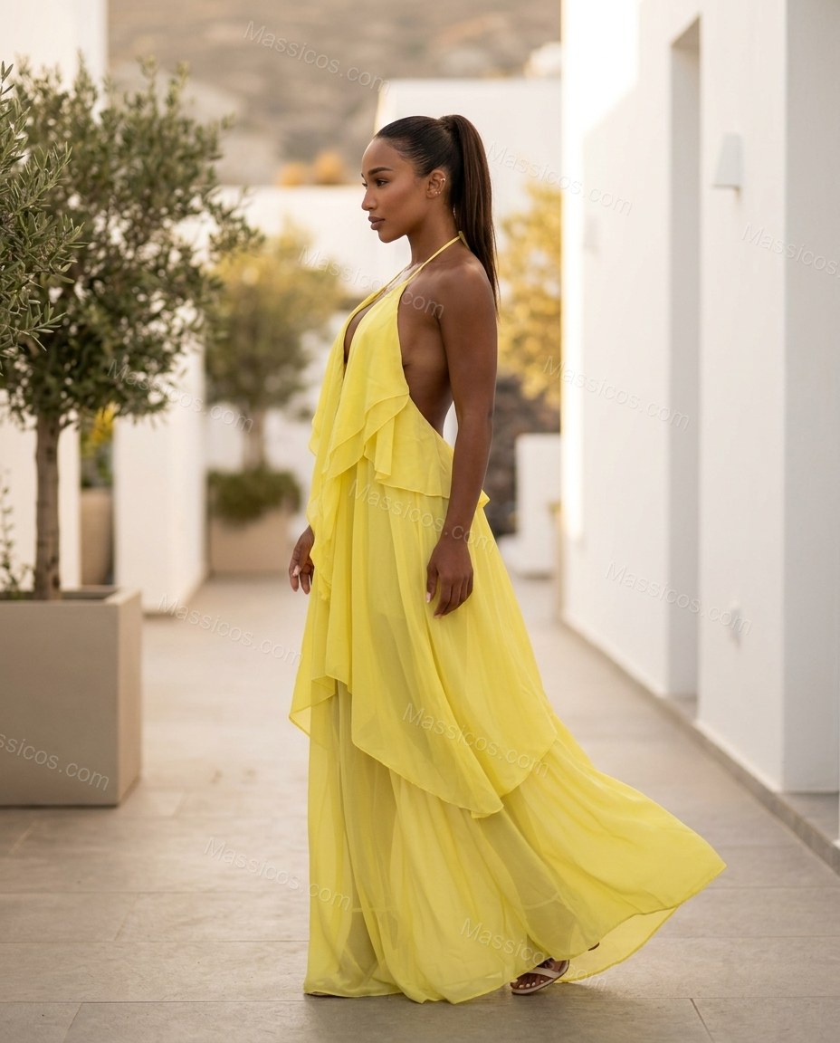 Yellow Maxi Open-Back Halter Dress, walking lifestyle view, by Massicos