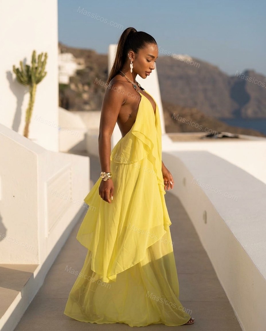 Yellow Maxi Open-Back Halter Dress, movement and fit lifestyle view, by Massicos