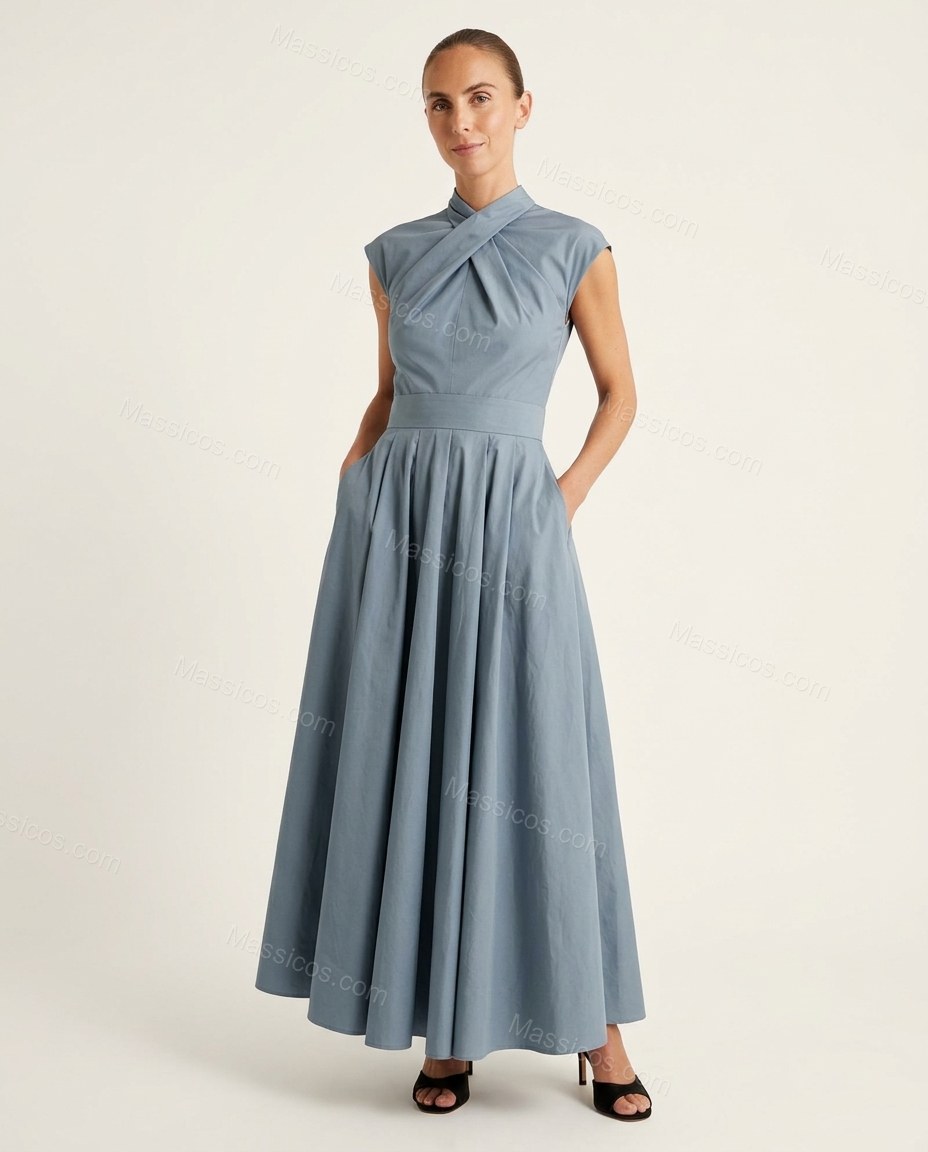 Dusty Blue Maxi Pleated Dress, front studio view, by Massicos