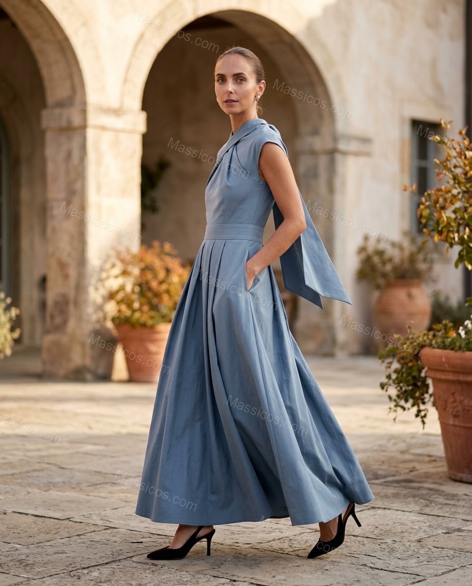 Dusty Blue Maxi Pleated Dress, walking lifestyle view, by Massicos