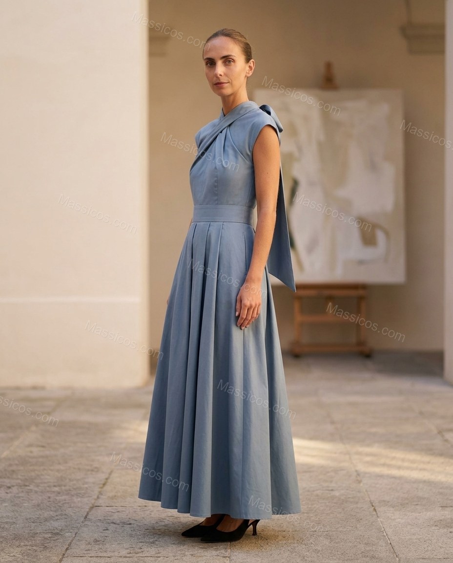 Dusty Blue Maxi Pleated Dress, three-quarter brand lifestyle view, by Massicos