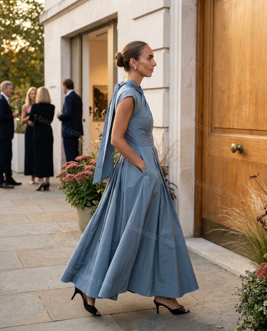 Dusty Blue Maxi Pleated Dress, movement and fit lifestyle view, by Massicos