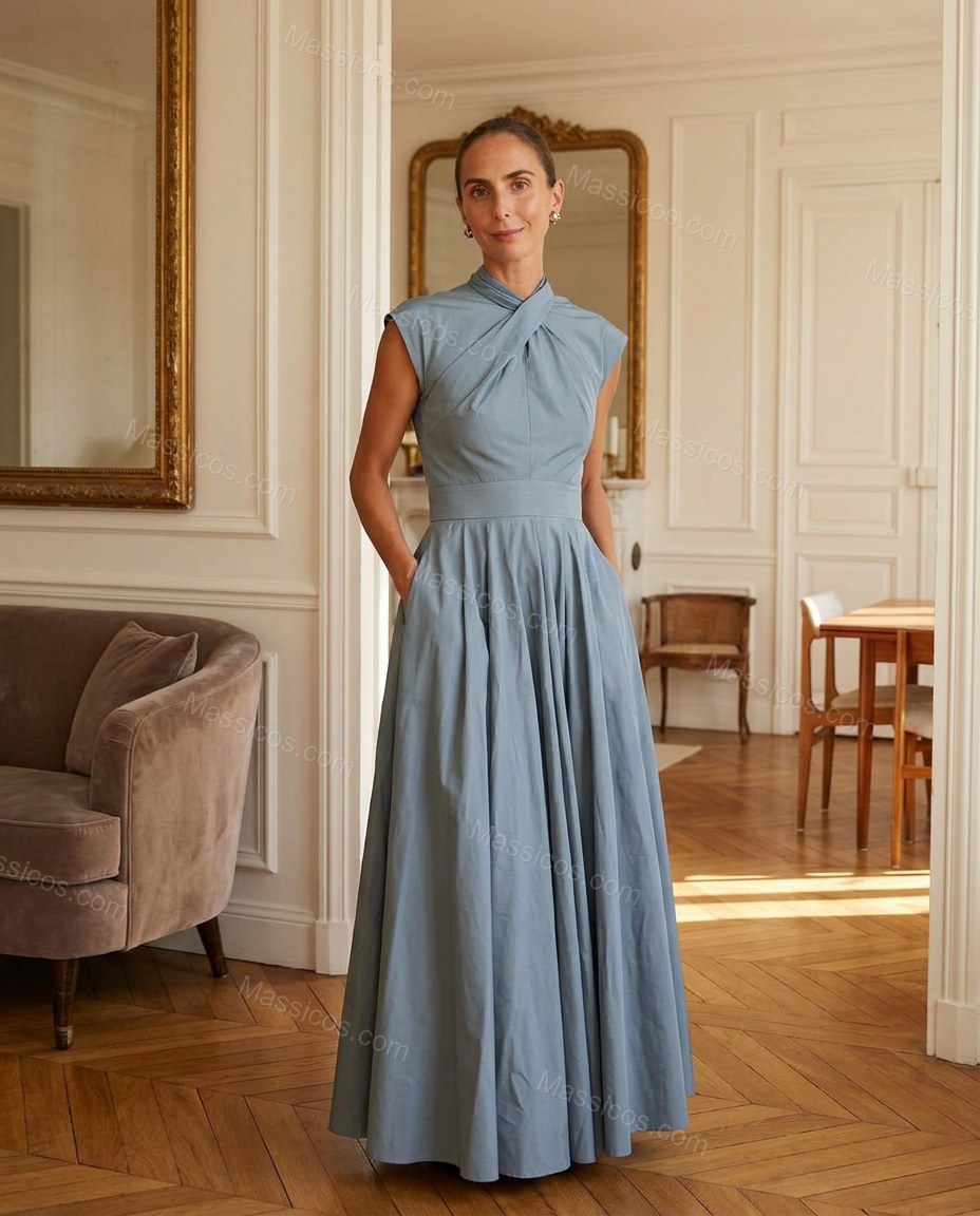Dusty Blue Maxi Pleated Dress, full-length hero view, by Massicos