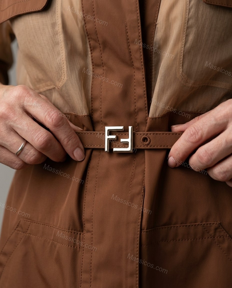 Brown Midi Dress, close-up of tan accents, button-front closure and chest patch pockets, by Massicos