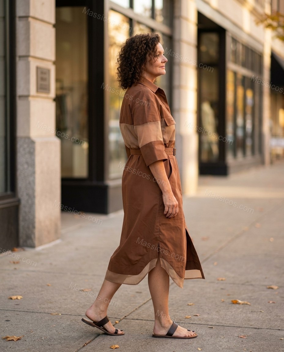 Brown Midi Dress, walking lifestyle view, by Massicos