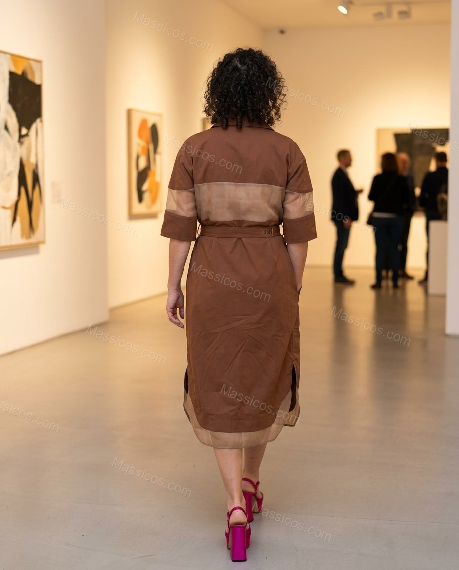 Brown Midi Dress, movement and fit lifestyle view, by Massicos