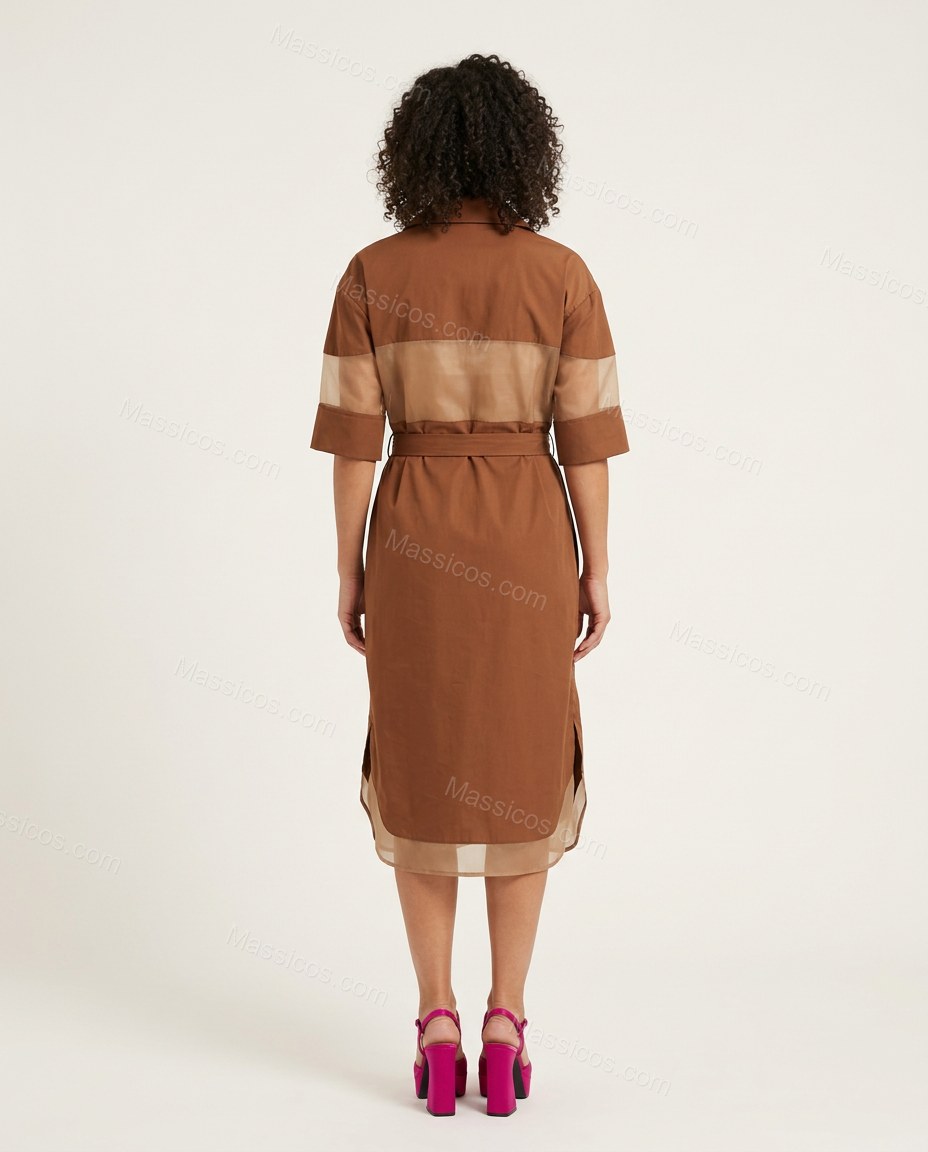 Brown Midi Dress, back studio view showing plain back with no visible details, by Massicos