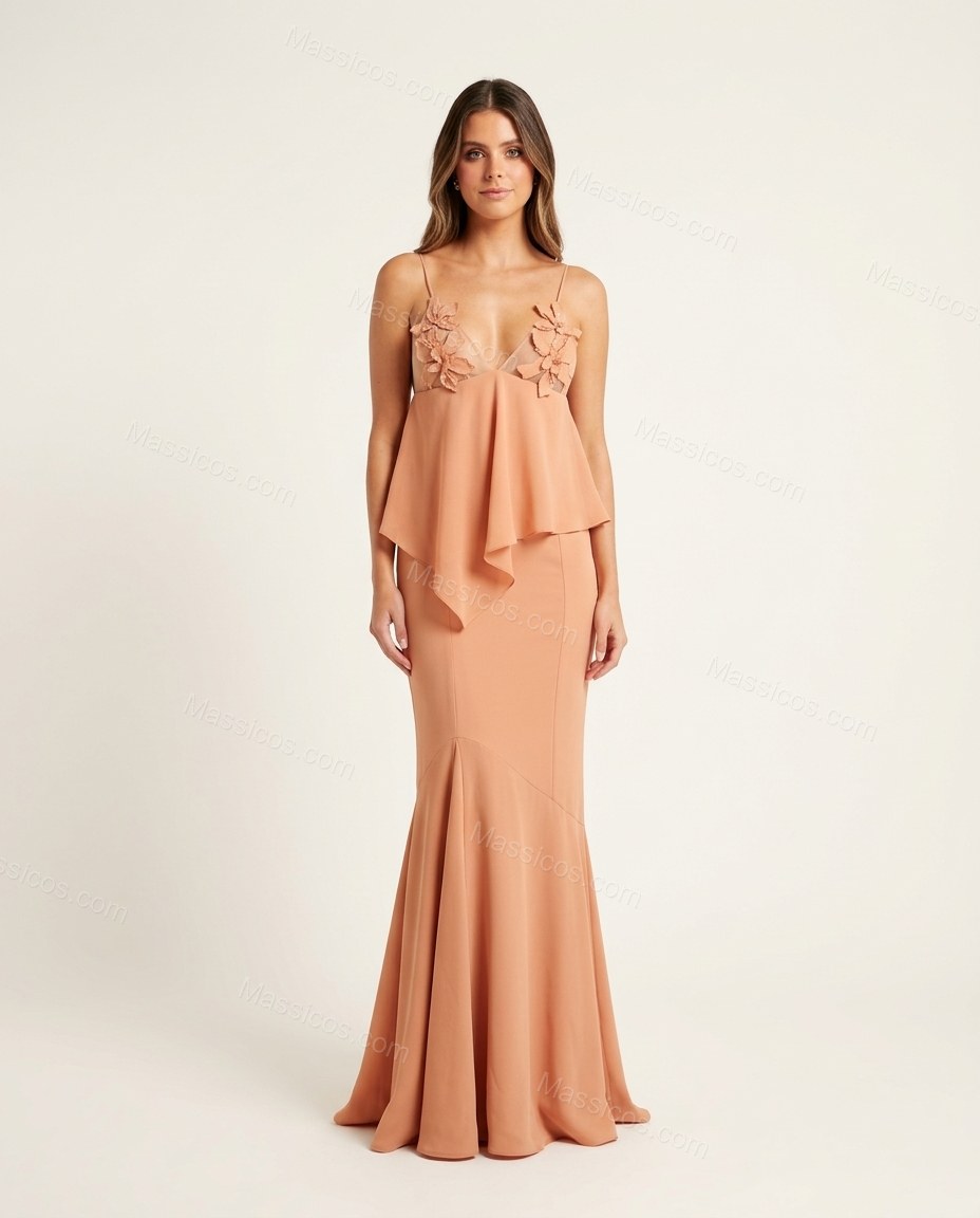 Peach Maxi Peplum Dress, front studio view, by Massicos