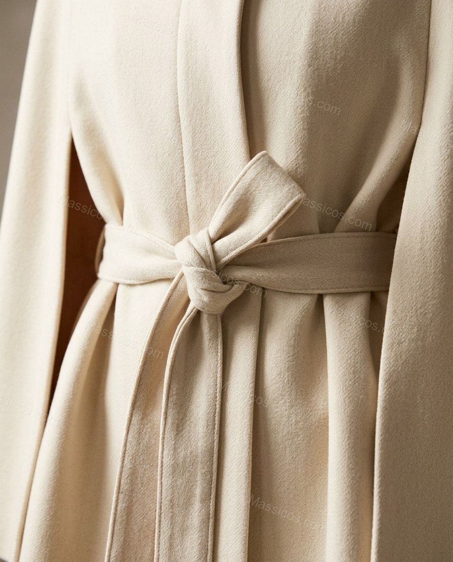 Cream Cape Shorts Set, close-up of self-tie belt, closed pullover front and wide scoop neckline, by Massicos