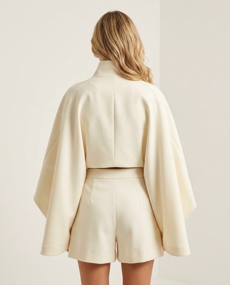 Cream Cape Shorts Set, back studio view, by Massicos