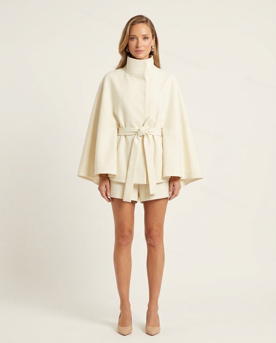 Cream Cape Shorts Set, front studio view, by Massicos