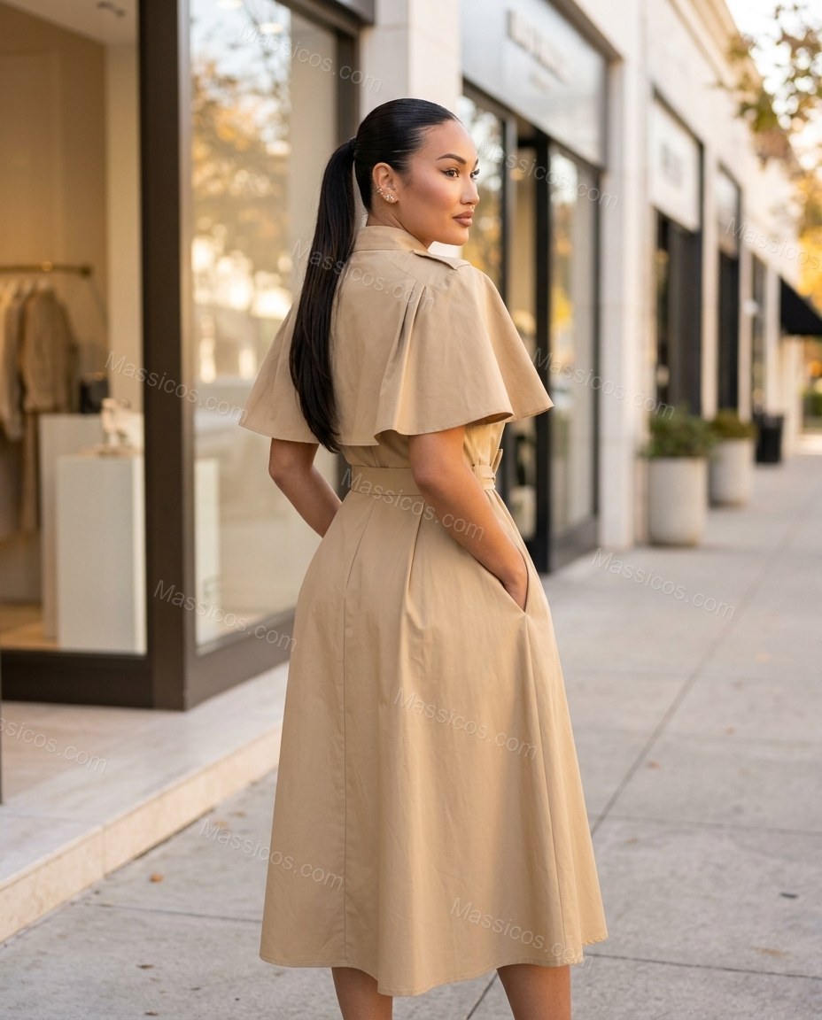 Beige Midi Cape Dress, three-quarter brand lifestyle view, by Massicos