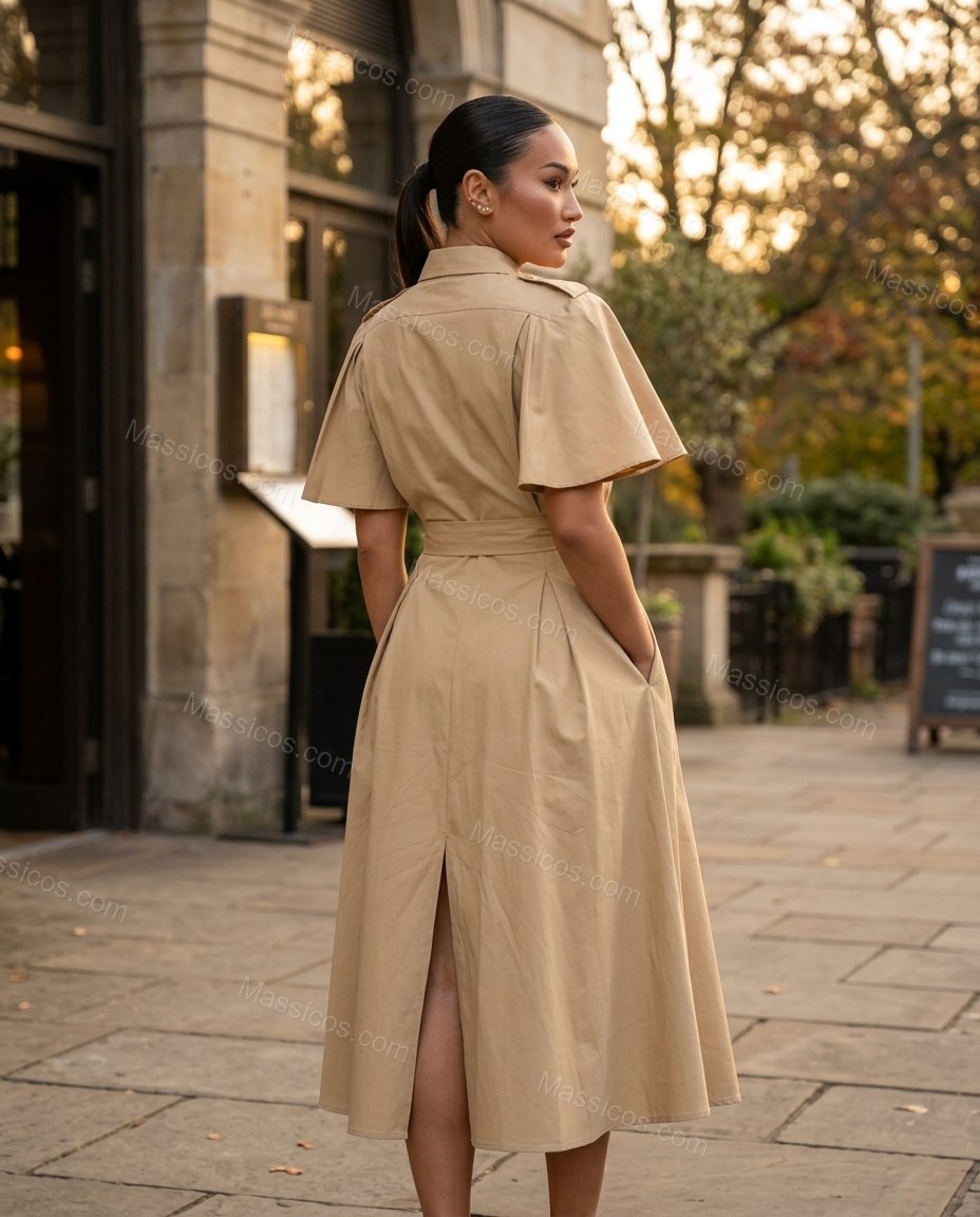 Beige Midi Cape Dress, walking lifestyle view, by Massicos
