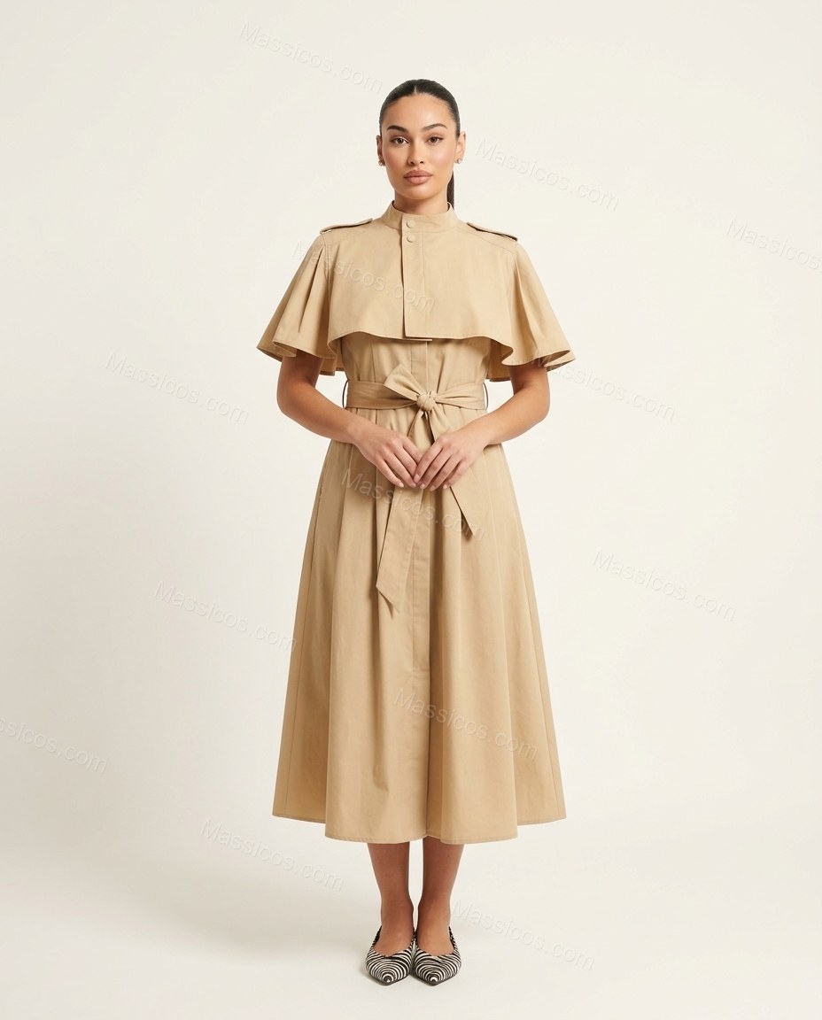 Beige Midi Cape Dress, front studio view, by Massicos