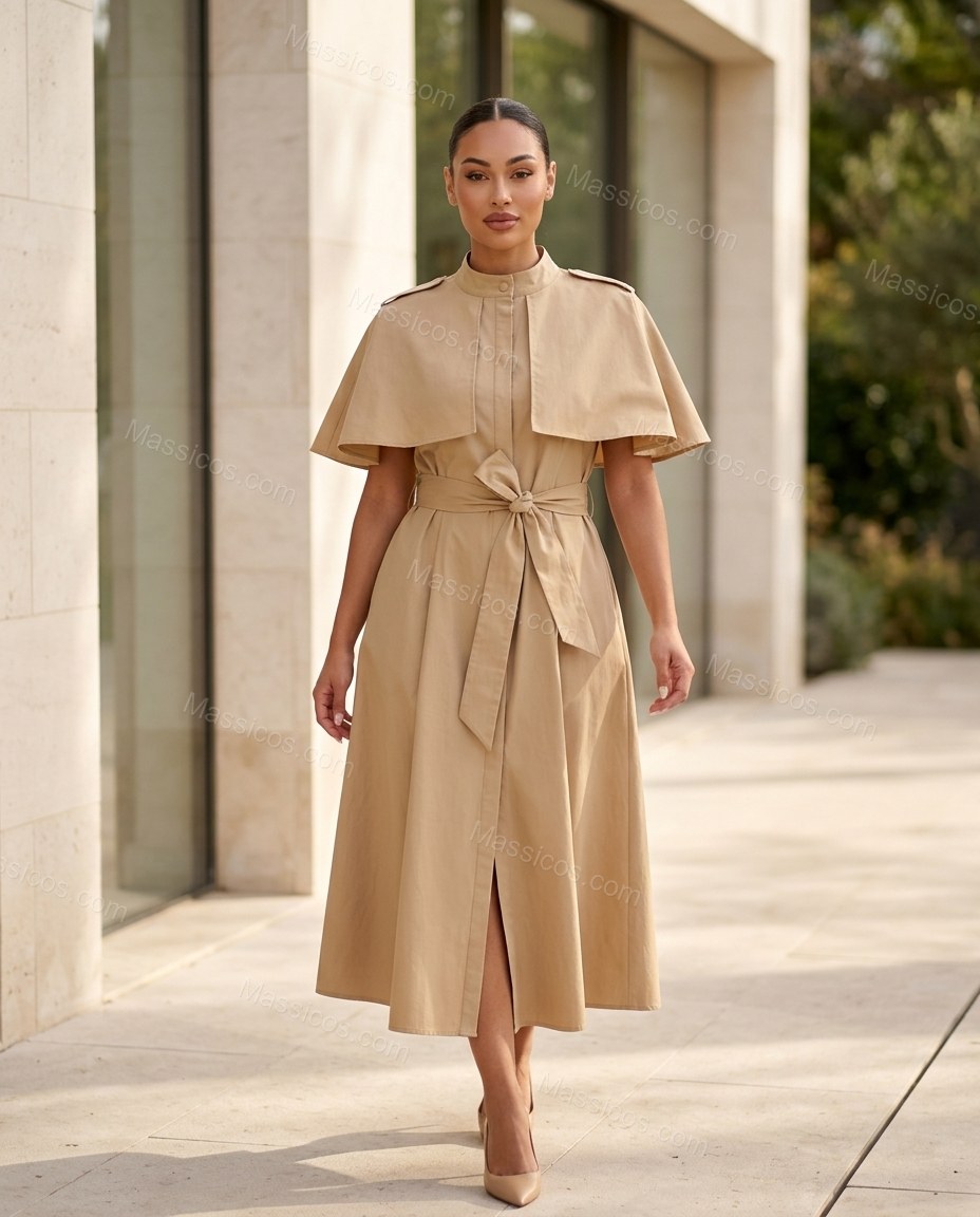 Beige Midi Cape Dress, alternate use-case lifestyle view, by Massicos