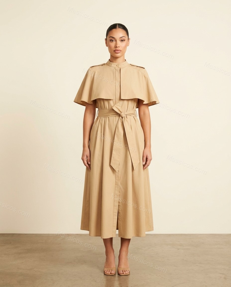 Beige Midi Cape Dress, full-length hero view, by Massicos