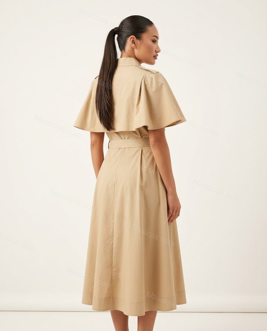 Beige Midi Cape Dress, back studio view, by Massicos