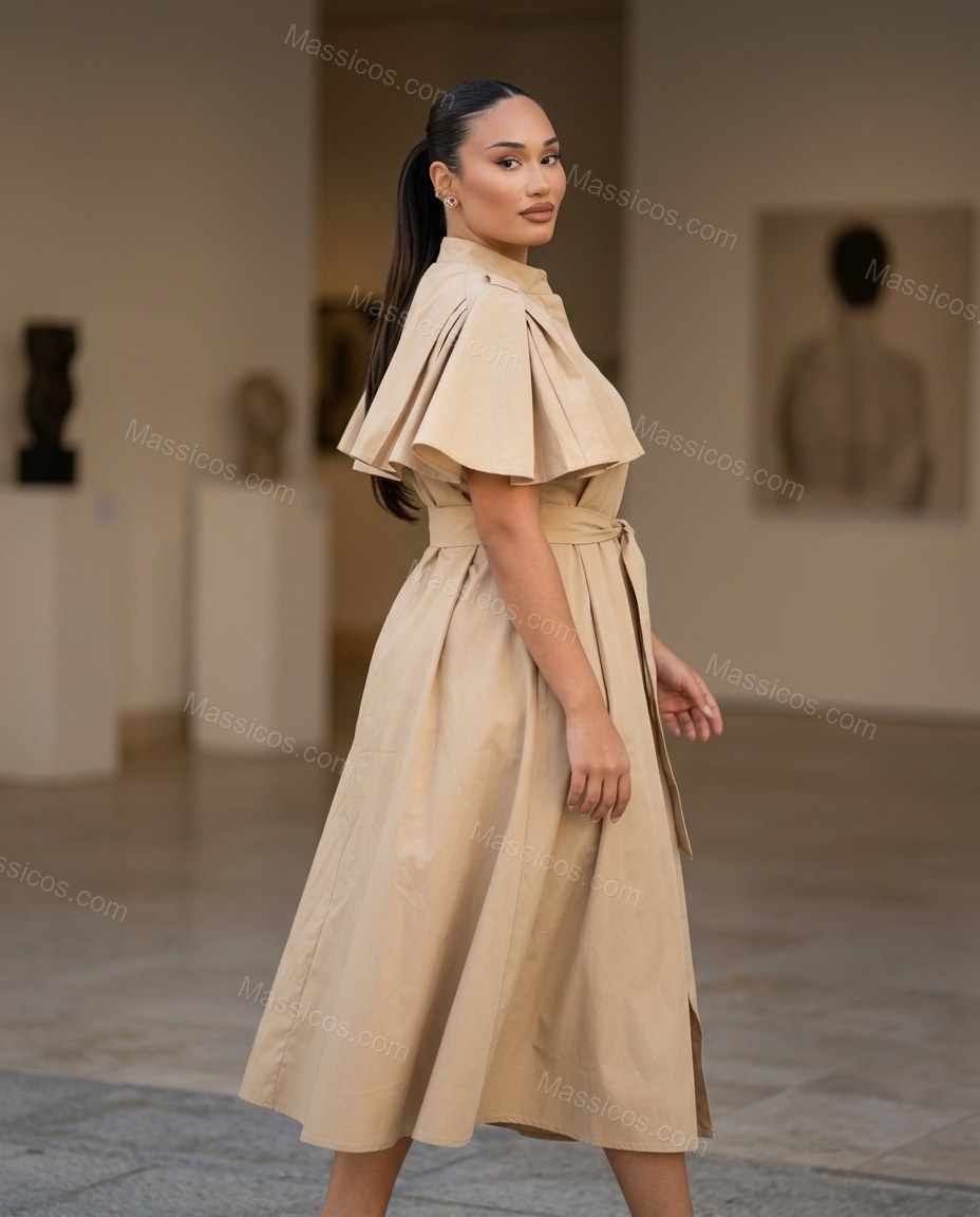 Beige Midi Cape Dress, movement and fit lifestyle view, by Massicos