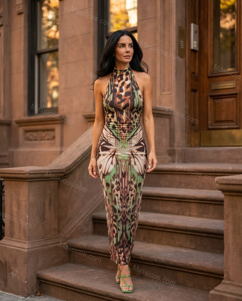 Brown Animal Print Maxi Halter Dress, alternate use-case lifestyle view, by Massicos