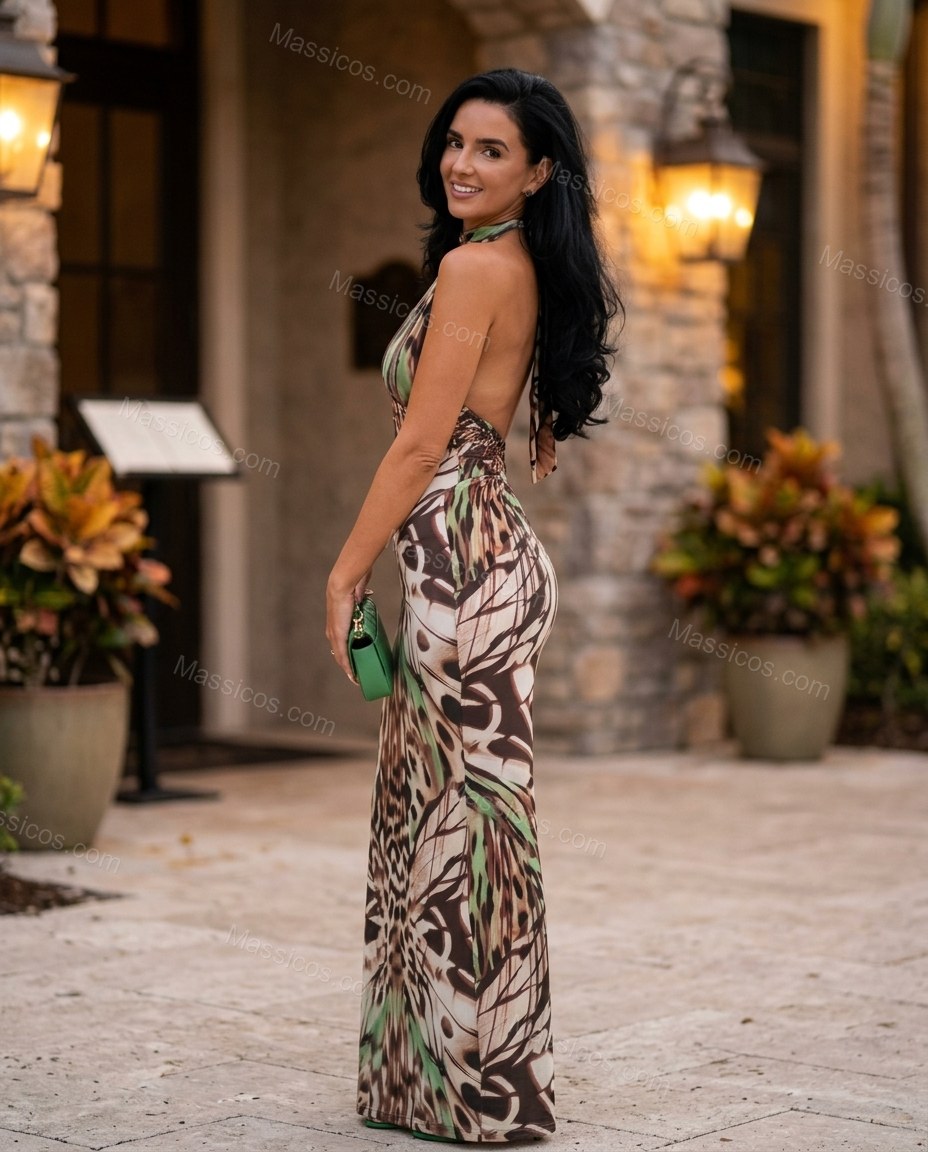 Brown Animal Print Maxi Halter Dress, three-quarter brand lifestyle view, by Massicos
