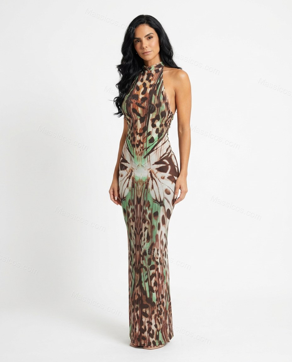 Brown Animal Print Maxi Halter Dress, front studio view, by Massicos