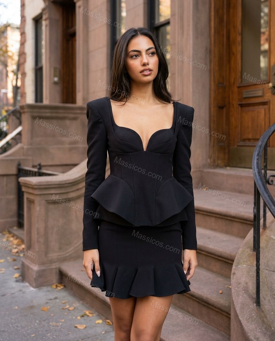 Black Mini Ruffled Peplum Top & Skirt Set, three-quarter brand lifestyle view, by Massicos
